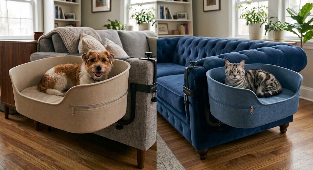 A dog and a cat lounging on FabiPets clip-on couches